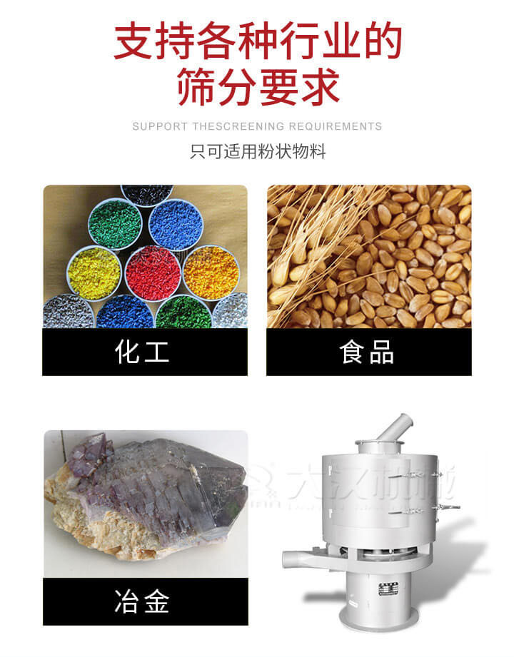 氣流篩用于礦粉，石墨粉，活性納米碳酸鈣，鋁灰，大豆粉，碳酸重鈣，石墨粉，木粉，干草，重金石粉，藥粉末，橡膠顆粒，草酸鹽，干料粉，木粉，聚酯粉，干粉，塑料，金屬粉末，橡膠粉，粉煤灰，石墨粉，陶瓷粉，鋅粉，石英粉，石灰粉，鐵粉，金屬硅粉等。