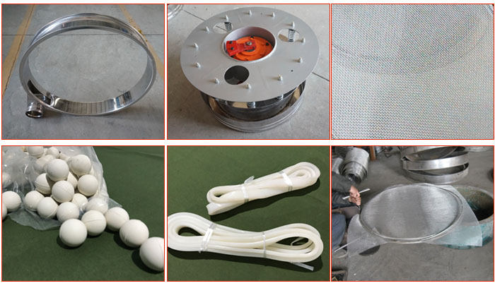 800型全不銹鋼振動篩配件有：振動篩篩框，電機，不銹鋼篩網等。