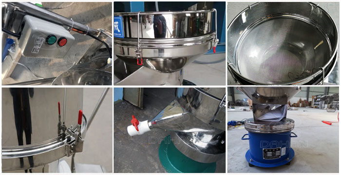 過濾篩細節(jié)展示：控制開關(guān)，篩框，出料口閥門，底座等